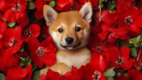 Puppy nestles in vivid red blossoms for a romantic portrait