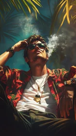 Sun-drenched drifter in tropical shade and curling smoke.