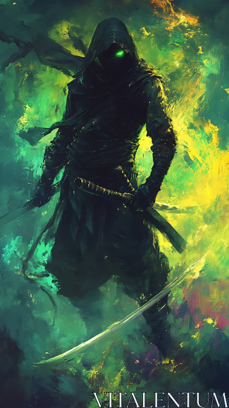 Hooded swordsman stands in stylized green and yellow environment