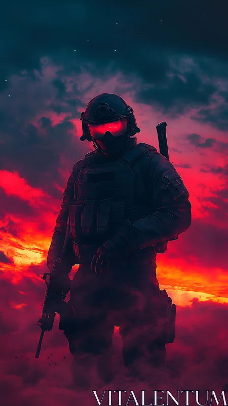 Crimson dusk commando stalking through molten battlefield haze.