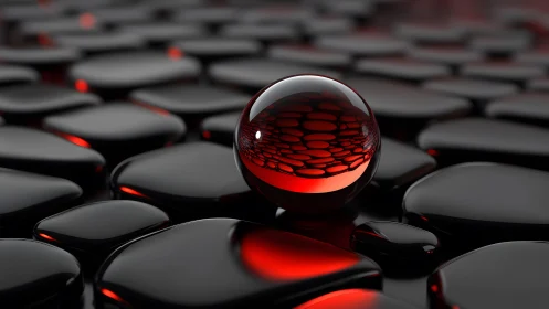 Glossy Black Stones and Red Sphere in Futuristic Abstract Style.