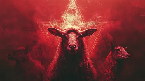 Red-lit sheep trio before distressed glowing pentagram