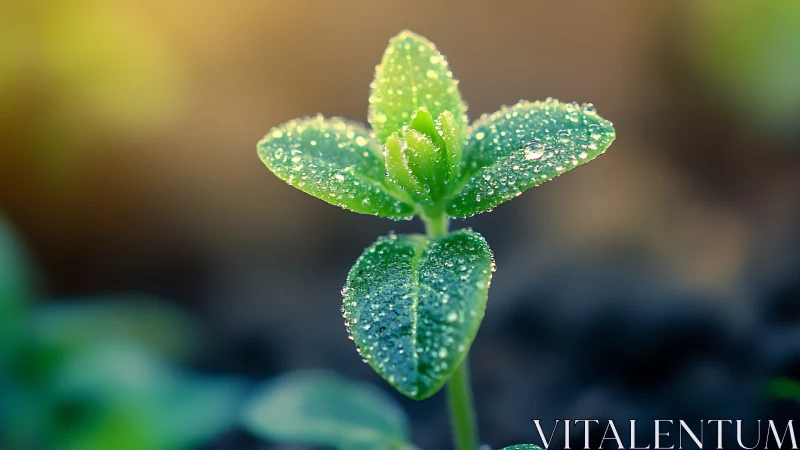Macro botanical study of dew-covered seedling morphology.