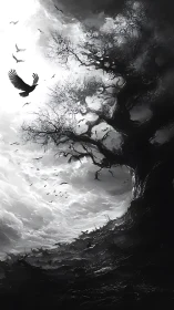 Monochrome raven ascends beside gnarled tree into luminous storm