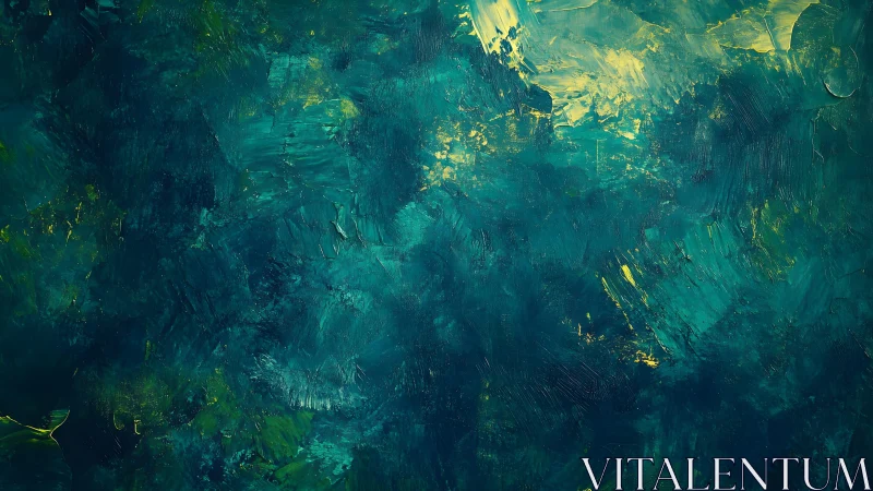 Abstract teal and yellow oil painting with textured brush strokes.