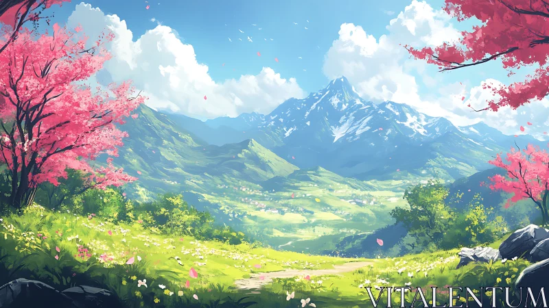 Blossoming valley meadow opens toward distant snowy peaks.