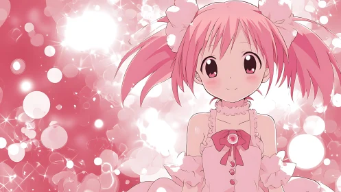 Monochrome pink anime portrait with luminous bokeh field.