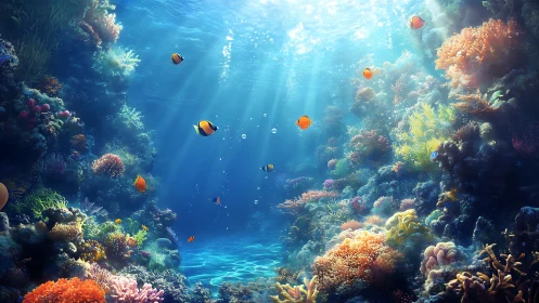 Sunlit tropical coral reef canyon with schooling reef fish