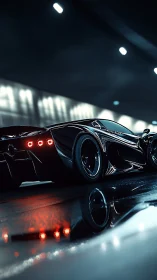 Futuristic black supercar in wet night tunnel scene.