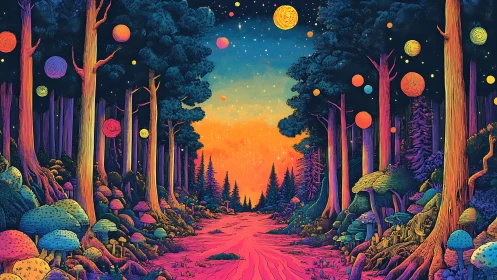 Chromatic Forest Path: Neon Arboreal Landscape with Celestial Elements.