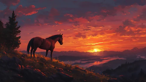 Solitary horse on ridge above layered valley at sunset.