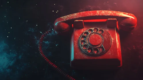 Vintage red rotary phone glows softly in moody light