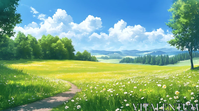 Sunlit wildflower meadow drifts lazily toward distant hills