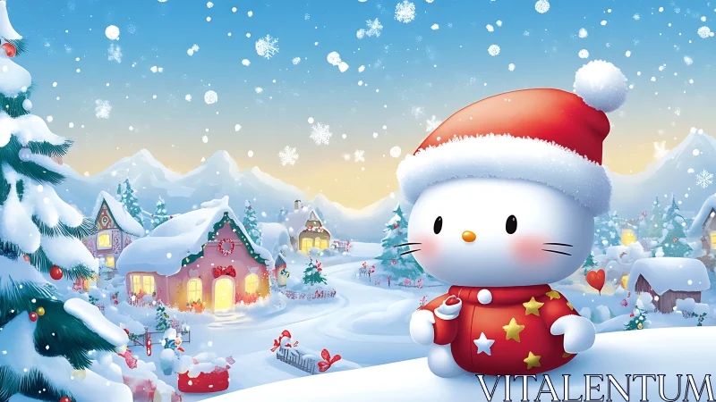 Cozy snow village with a cute holiday kitten in red.