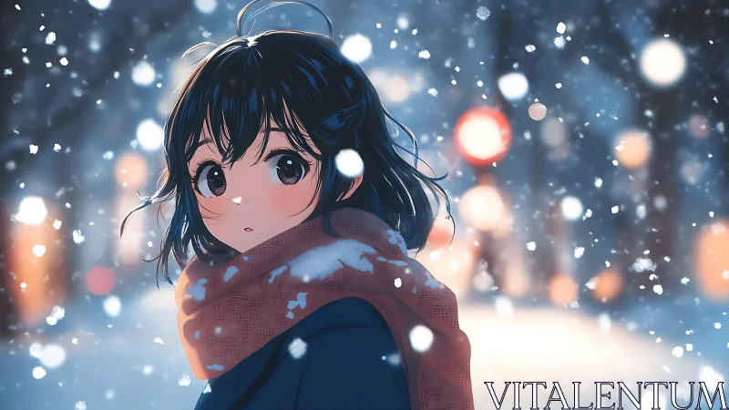 Young figure in winter street under falling snow at night.
