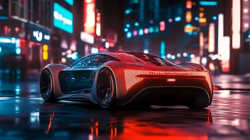 Futuristic red concept car glows under neon city lights.