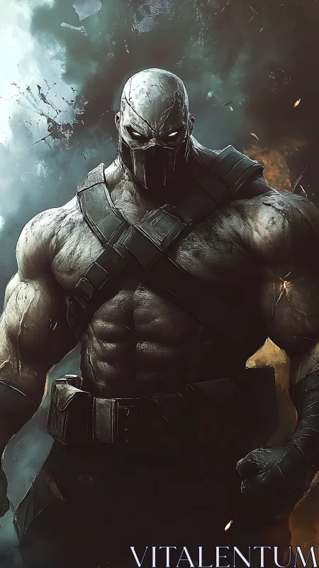 Armored gladiator cyborg in smoke filled post-battle environment.