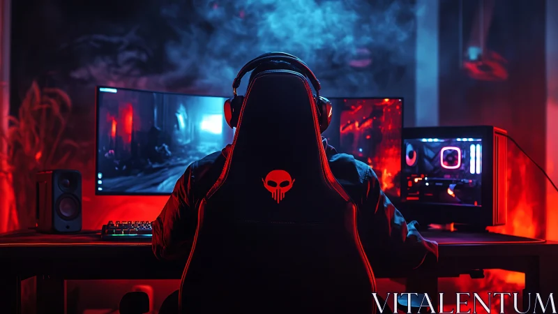 Gamer sits at dual-monitor RGB battlestation in red-blue light