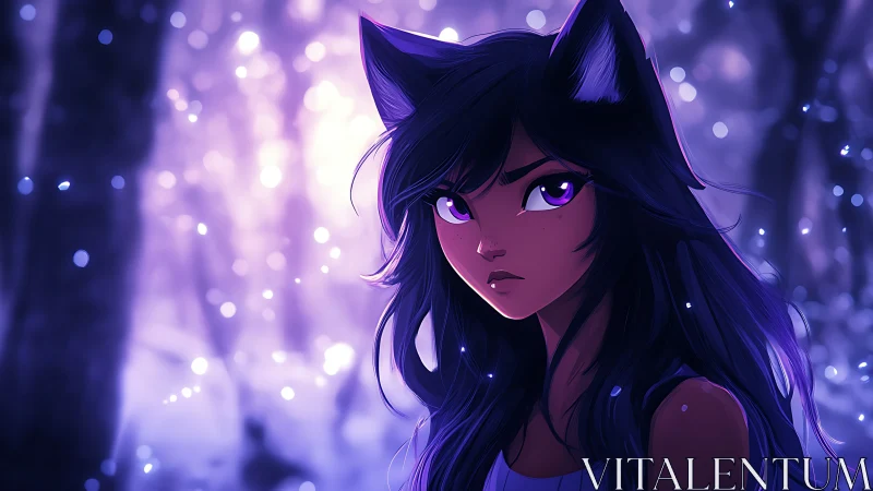 Mystical fox-eared girl stares through glowing violet forest