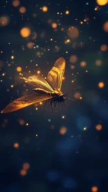 Luminous golden firefly drifts through a dreamy night sky.