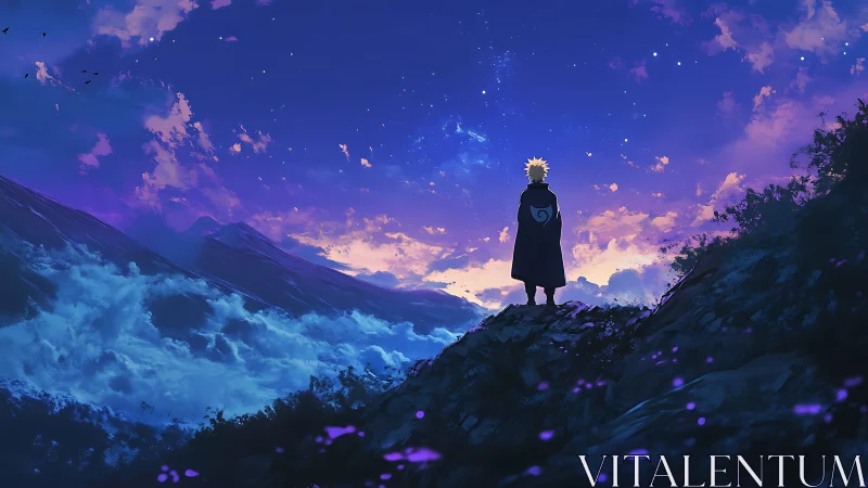 Lone cloaked figure gazes into a luminous twilight cosmos.