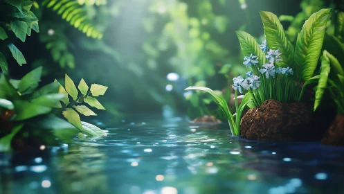 Luminous forest stream with stylized foliage rendered in 3D