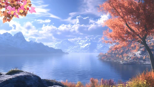 Mountain lake with bright autumn trees and clear blue sky.