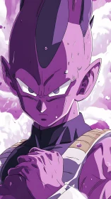 Cel-shaded battle portrait of intense purple warrior aura.