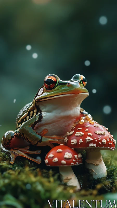 Frog perches on red mushrooms in a softly glowing forest
