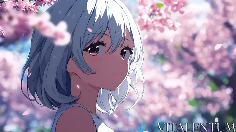 Gentle spring pause beneath drifting cherry blossoms.