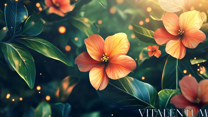 Digital illustration of warm gradient botanical florals with luminescent particles and bokeh depth e