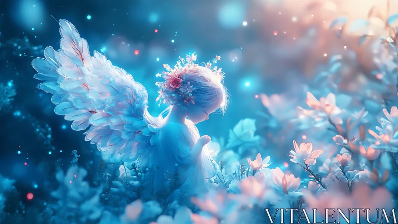 Gentle garden angel resting in a dreamy pastel glow.