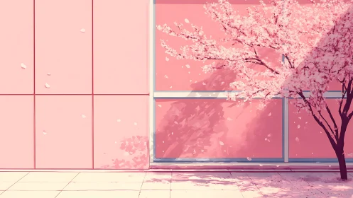 Digital painting of cherry tree against modular pink facade.
