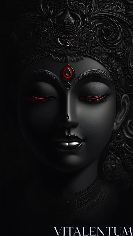 Divine dark goddess portrait glows with red sacred light.