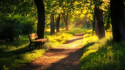 Golden hour tree-lined park path with bench luminance study.