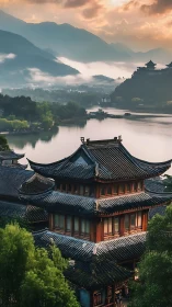 Misty lakeside pagodas beneath layered mountain sunrise.
