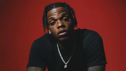 Studio portrait of tattooed man on bold red background.