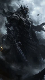 Shadow-armored dark warlord in storm-laden fantasy sky.