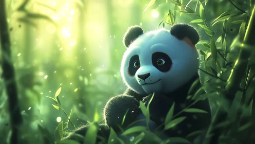 Cartoon panda rests in glowing bamboo forest clearing