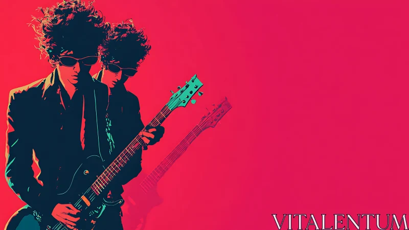 Dual neon guitarist silhouette in bold pop art style.