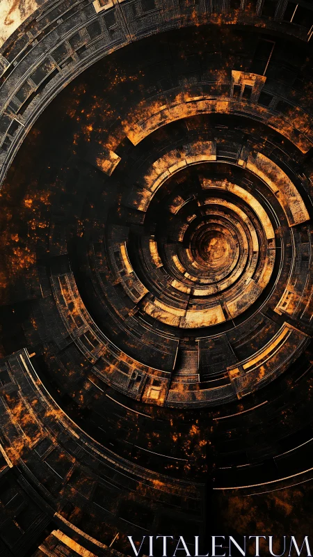 Rust-scarred concentric industrial tunnel with radial decay
