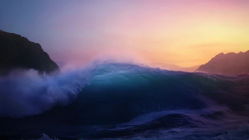 Sunset wave crashes against shadowed coastal cliffs