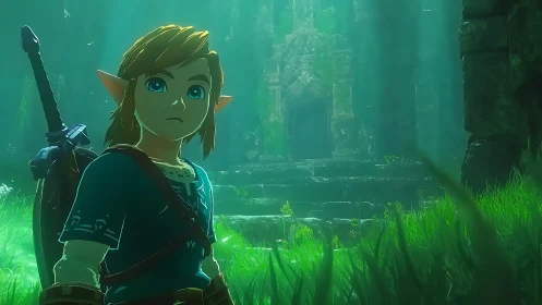 Heroic elf warrior stands before a misty ancient forest ruin