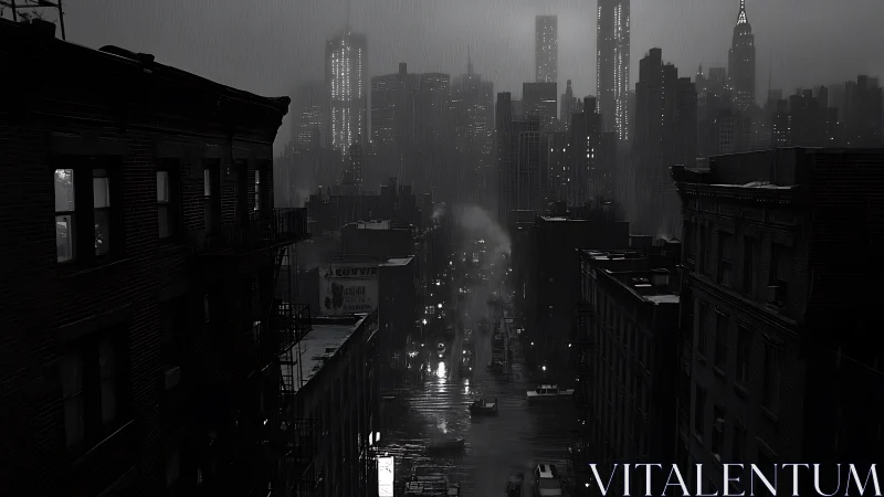 Noir rain-soaked downtown corridor with luminous skyline.