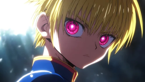 Blond anime character with intense glowing pink eyes.