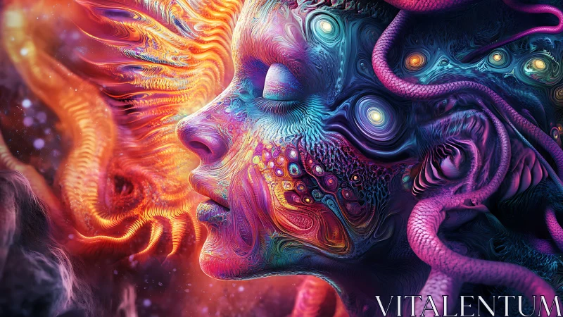 Profile of stylized human face amid abstract neon patterns.