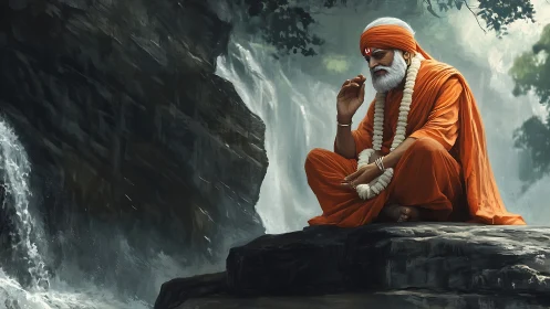 Meditating sage in orange robes beside powerful waterfall.