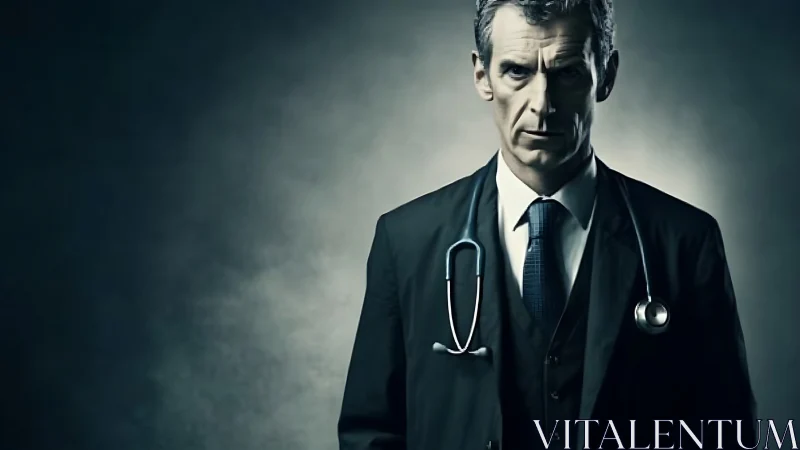 Calm doctor in a dark suit framed by quiet studio light.