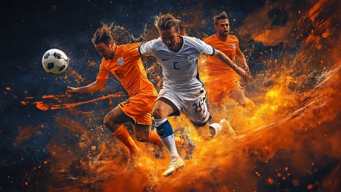 Blazing midfield duel in a storm of molten orange sparks.