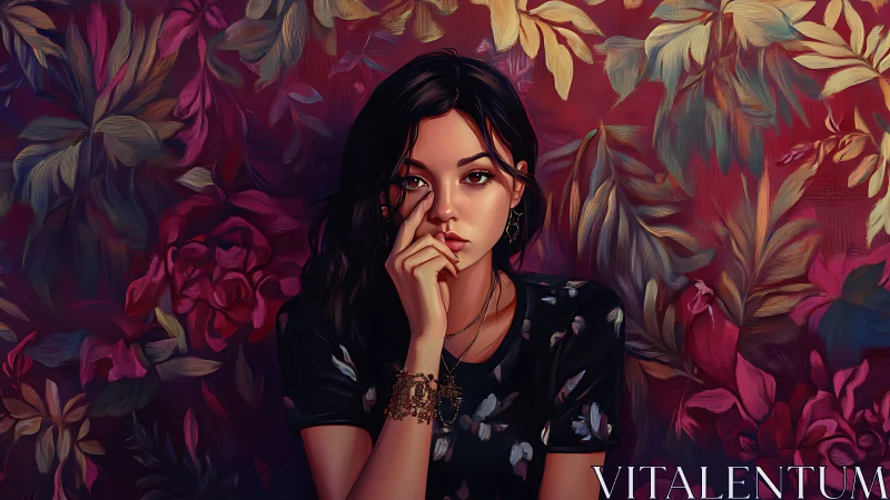 Melancholic woman rests amid lush crimson floral tapestry